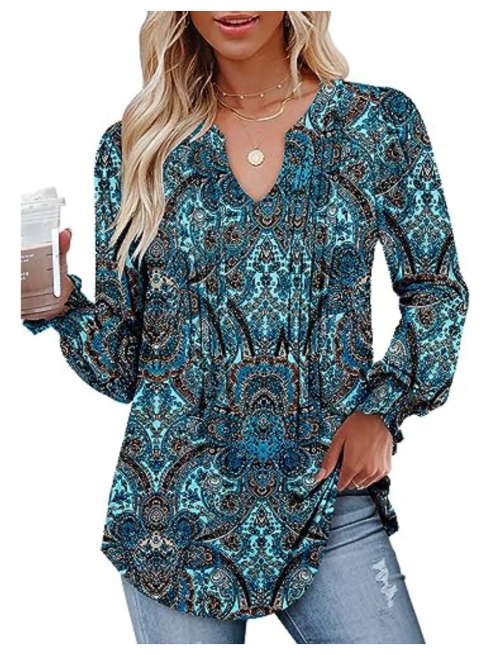 Women's V Neck Tunic Top Puff Long Sleeve Pleated Blouse